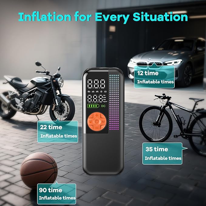 Portable Tire Inflator Air Compressor, 150 PSI Cordless Air Pump, 6000mAh Battery & 12V Car Outlet, Digital Pressure Gauge, Auto Shut-Off, Fast 24L/Min, LED Light, 4 Preset Modes for Car, Bike, Balls