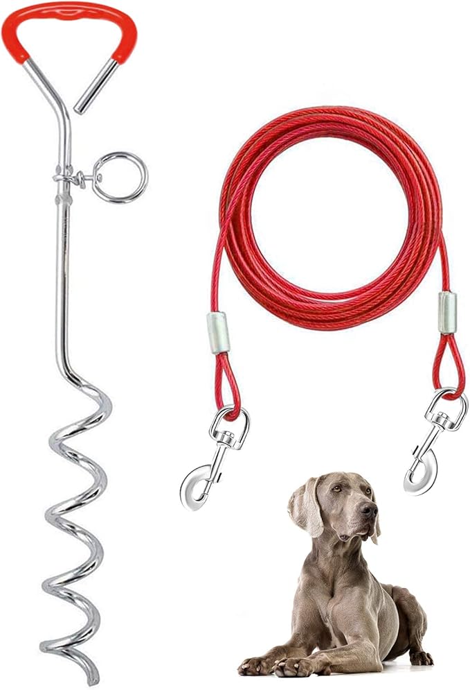 Supet Dog Tie Out Cable and Stake 32/16/10 ft Outdoor, Yard and Camping, for Medium to Large Dogs Up to 125 lbs, 16" Stake, 32/16/10 ft Cable with Durable Spring and Metal Hooks for Outdoor