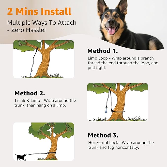 LOOBANI Outdoor Bungee Tug Toy, Dog Toy Hanging from Tree for Small to Large Dogs, Interactive Exercise Play Cord & Tether with Chew Rope Toy (Tree Stump Tug of War-Black)