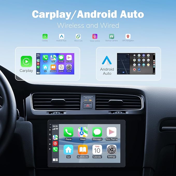 10.1" Single Din Car Radio with Rotatable Touchscreen, Wireless Apple CarPlay, Android Auto, GPS Navigation, Bluetooth, Hi-Fi Sound, Voice Control, Backup Camera