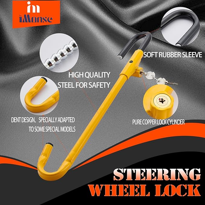 Steering Wheel Lock Anti-Theft Car Device, Steering Wheel Pedal Brake Lock Retractable Hook Car Security Products Universal Fit(Yellow)