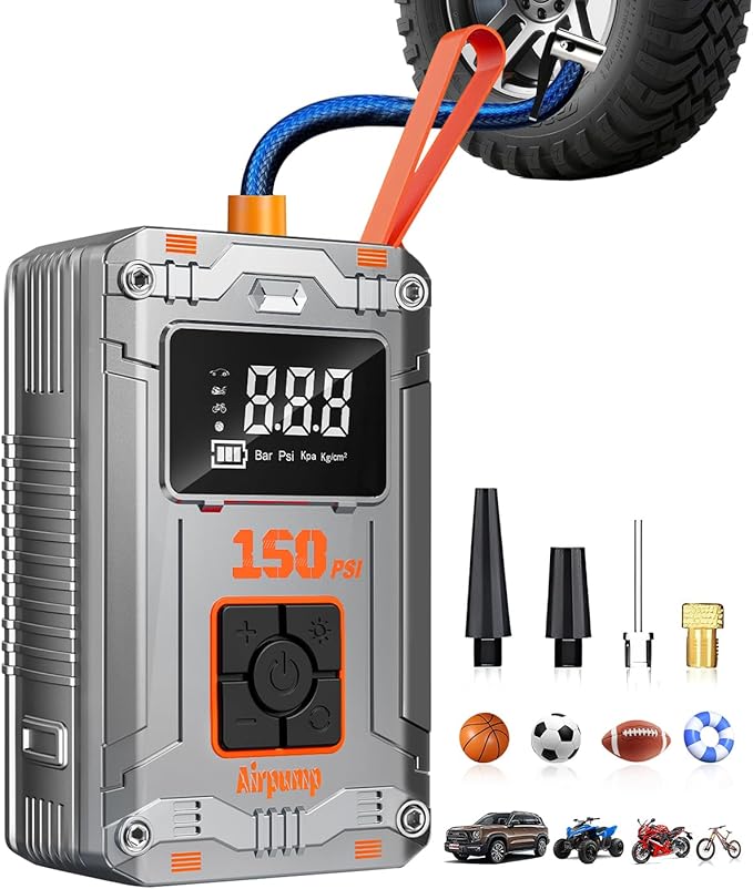 Tire Inflator Portable Air Compressor Cordless,150PSI 3X Faster Inflation Tire Pump With Digital Display & 4 Nozzles, Car Tires Air Pump with Pressure Gauge for Auto, Motorcycles, Bikes, Balls