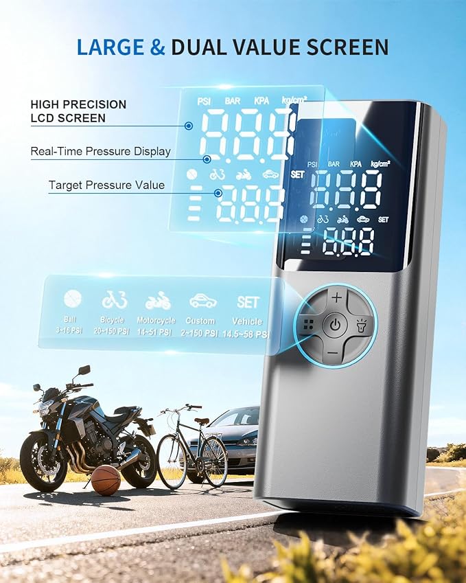 Tire Inflator Portable Air Compressor - 4X Faster & 150PSI Tire Pump For Car Moto Bike Ball - Auto Shut-Off - Fast Charge Power Bank - LED Night Light - Elderly Friendly