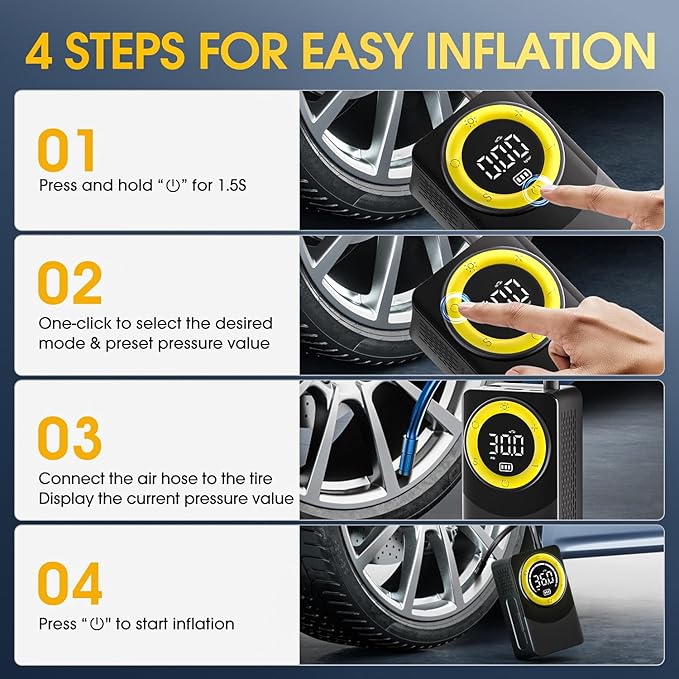 CARSUN Tire Inflator Portable Air Compressor, 150PSI Air Pump For Car Tires with Digital Pressure Gauge, LED Light and Auto Shut-Off Function Cordless Pump for Car, Motorcycle, Bicycle, Balls
