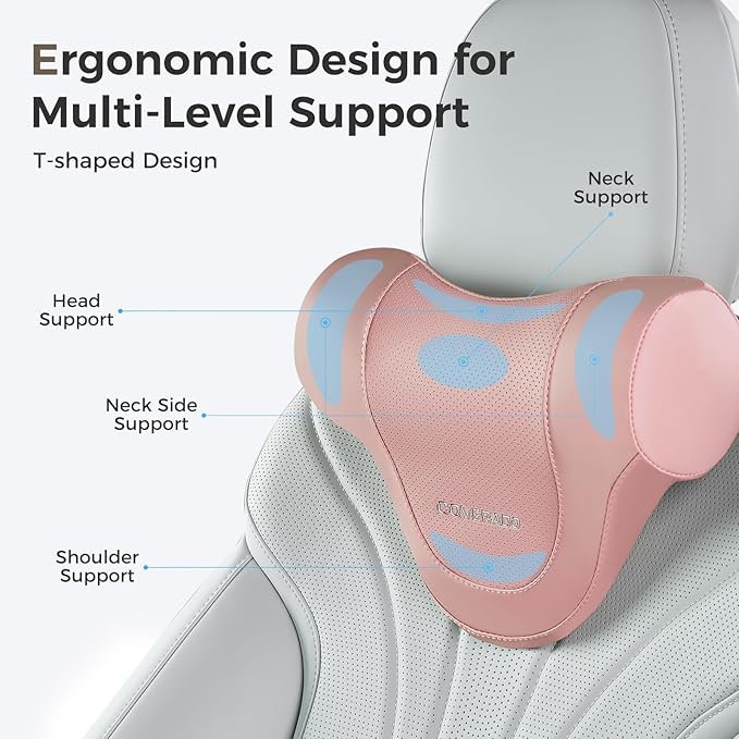 Coverado Car Headrest Pillow, Ergonomic Memory Foam Car Neck Pillow for Driving Seat with Adjustable Strap, Soft PU Leather Breathable Removable Cover Neck Support for Neck Pain Relief, Pink