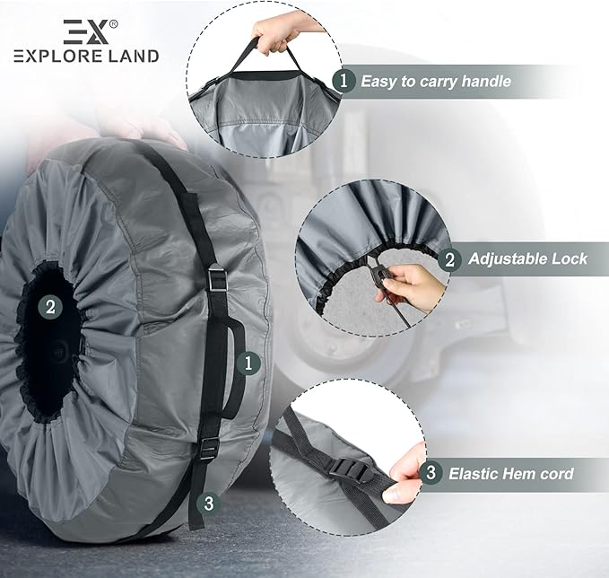 Explore Land Tire Cover with Handle - Seasonal Spare Tire Bag, Heavy Duty Winter Wheel Storage Tote Against Dust and Scratches, 4 Pack (Fits Diameters 32''-34.75'', Charcoal)