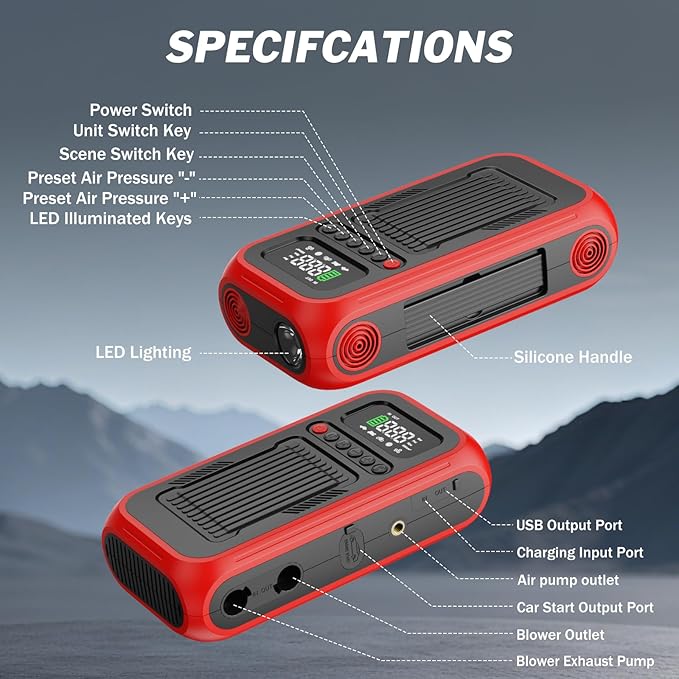 Tire Inflator Portable Air Compressor, 12V Car Jump Starter, 150PSI & 28000mAh Air Pump with Air Blower, Digital Pressure Gauge and LED Light, Electric Air Pump for Car, Motorcycle, Balls, Bike Pump