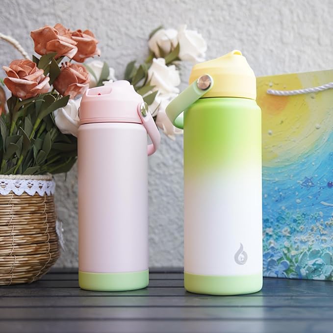 BJPKPK Insulated Water Bottle with Straw Lid, 12oz Thermo Water Bottles with Soft Nozzle, Flex Handle & Non-slip Boot, BPA Free Leak Proof Stainless Steel Metal Thermo, Tumblers, Cups,Rainbow