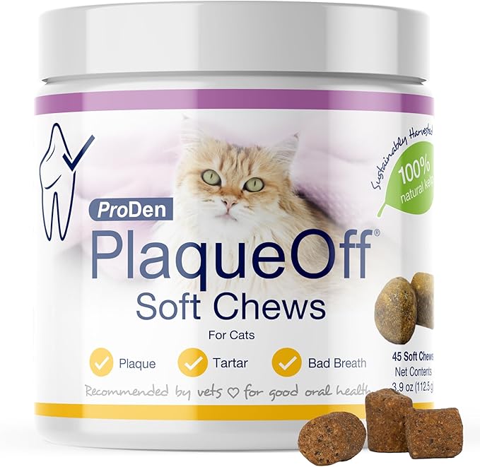 ProDen PlaqueOff Soft Chews with Natural Kelp - for All Breed Cats - Supports Normal, Healthy Teeth, Gums, and Breath Odor in Cats - 45 Soft Chews