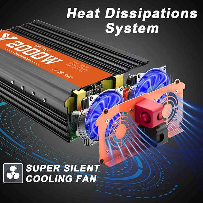 2000 watt Inverter 12v Car Power Inverters for Vehicles Truck with USB Charging Port, 12v to 120v with 2 AC Outlets and Remote 2000w