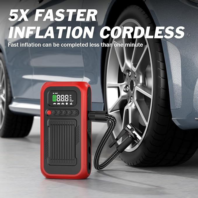 Tire Inflator Portable Air Compressor, 12V Car Jump Starter, 150PSI & 28000mAh Air Pump with Air Blower, Digital Pressure Gauge and LED Light, Electric Air Pump for Car, Motorcycle, Balls, Bike Pump