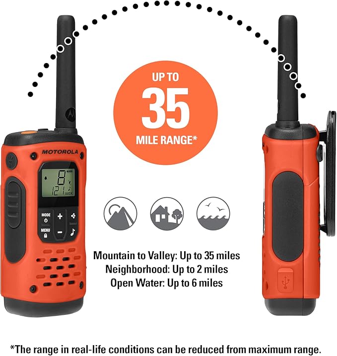Motorola Solutions, Portable FRS, T605_H2O, Talkabout, Two Way Radios Waterproof Walkie Talkie Emergency Preparedness, Rechargeable, 22 Channel, 35 Mile, Orange W/Black, 2 Pack