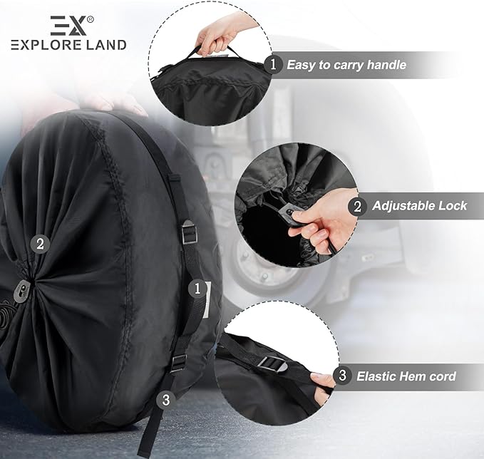 Explore Land Seasonal Tire Cover - Spare Tire Bag with Handle, Heavy Duty Winter Wheel Storage Tote Against Dust and Scratches, 4 Pack (Fits Diameters 32''-34.75'', Black)
