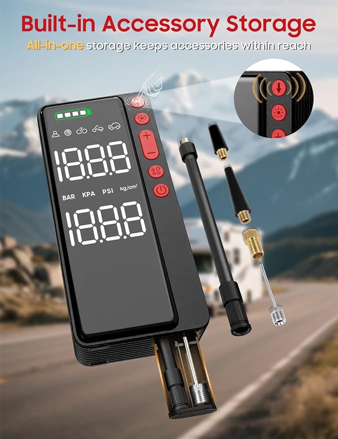 Tire Inflator Portable Air Compressor, 10000mAH&150PSI Smart APP Cordless Air Pump For Car Tires, Built-in Accessories Storage, Bike Pump with Digital Gauge&LED Light for Motorcycle, Ball