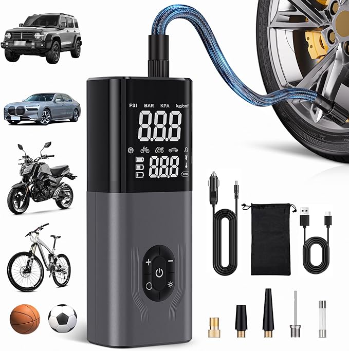 Tire Inflator Portable Air Compressor, CKWUE 180PSI Cordless Air Compressor, 6X Faster Air Pump with Digital Pressure Gauge, ire Air Pump with Dual Mode Inflation （Brown）
