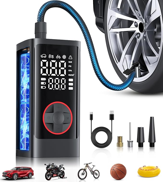 Tire Inflator Portable Air Compressor, 150PSI Cordless Air Pump for Car Tires, Bike Tire Pump with Pressure Gauge, Auto Shut Off, LED Light for Car Motorcycle Bicycle
