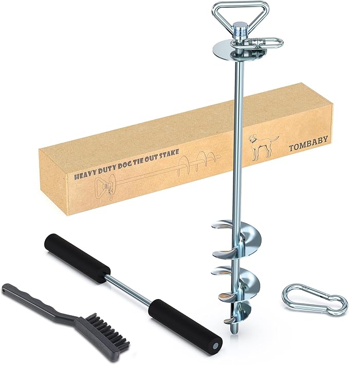 TOMBABY Dog Tie Out Stake-Heavy Duty 304 Stainless Steel Dog Runner, Ground Anchor with 360° Swivel & Anti-Tangle,Use Any for to 210LBS Dogs- Dog Stakes for Outside Camping, Suitable for Any Dog Cable