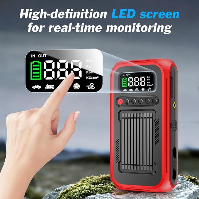 Tire Inflator Portable Air Compressor, 12V Car Jump Starter, 150PSI & 28000mAh Air Pump with Air Blower, Digital Pressure Gauge and LED Light, Electric Air Pump for Car, Motorcycle, Balls, Bike Pump