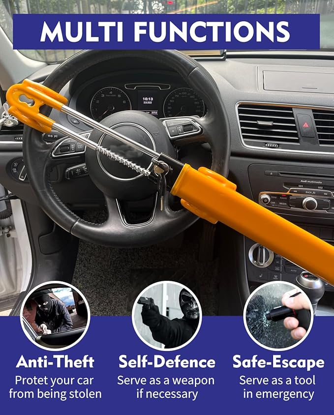 Dodomes Steering Wheel Lock Anti-Theft Heavy Duty Secure Car Device, Adjustable Length Clamp Double Hook Locks Universal Fit (Yellow)