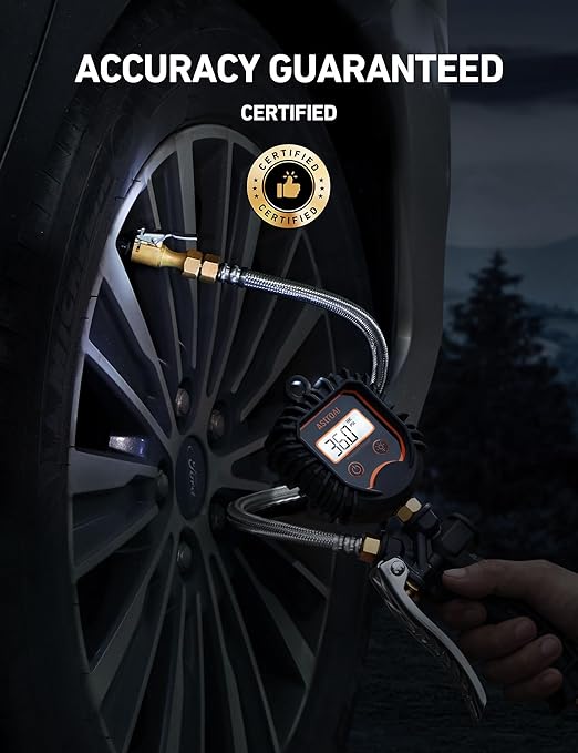 AstroAI Digital Tire Pressure Gauge, Heavy Duty Tire Inflator Gauge 250PSI Air Chuck Compressor Accessories with Stainless Braided Hose, Rotatable Dial&Quick Connect Coupler for Truck/RV/SUV