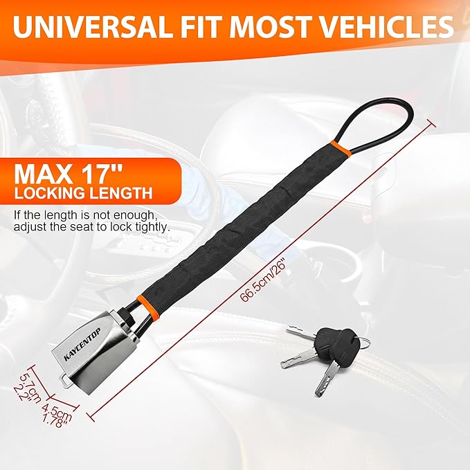 KAYCENTOP Car Steering Wheel Lock, Seat Belt Lock, Car Locks Anti-Theft Device with Aluminum Alloy Lock Housing, Max 17 Inch Length, High Visibility and Light-Weight, Universal Fit, 3Keys(Black)