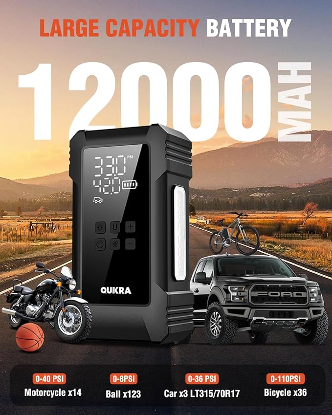 NW08 Tire Inflator Portable Air Compressor for Heavy-duty Vehicle, Dual Cylinder Cordless Air Pump for Car Tires with 12000mAh Battery Capacity, 4× Faster 150PSI Car Tire Pump for SUV, Truck, Pickup