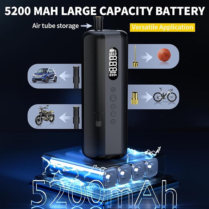 Tire Inflator Portable Air Compressor 150PSI Air Pump for Car Tires - Portable Bike Pump with LED Light, Presta Valve, Storage Bag