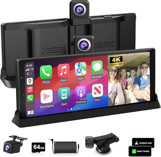 【350° Rotatable Lens】10.26''Wireless Apple CarPlay Screen for Car & 4K Dash Cam Portable Android Auto Car Stereo, Car Audio Receivers 1080P Backup Camera, Bluetooth/GPS Navigation/AirPlay/Googel/Siri