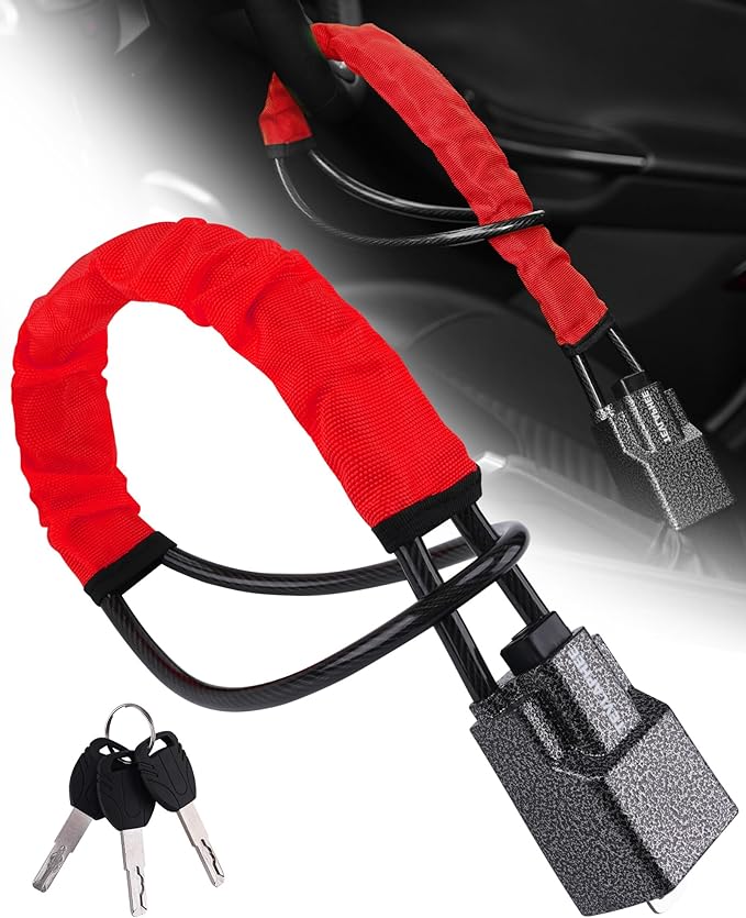 Tevlaphee Steering Wheel Lock Seat Belt Lock Universal Anti Theft Car Device Car Lock Car Theft Prevention with 3 Keys for Car Security Fit Most Vehicles Truck SUV Van (Red)