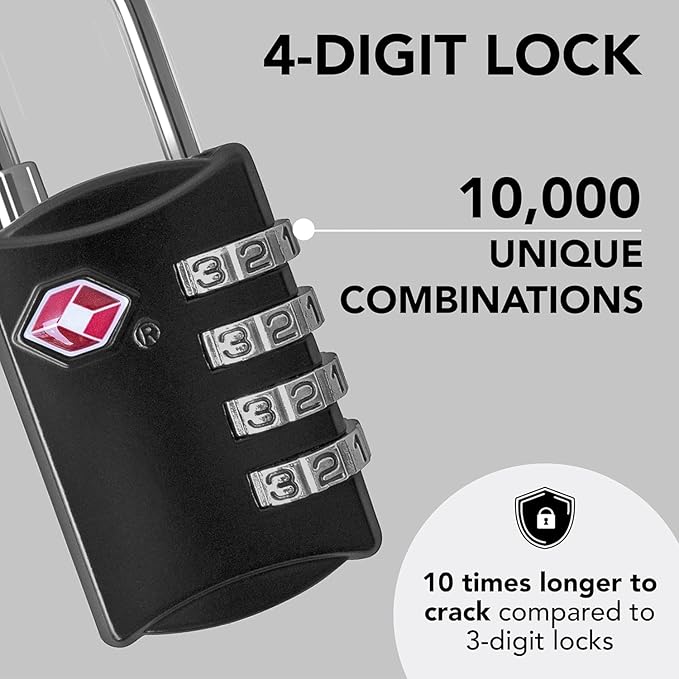 Luggage Locks TSA Approved (1 Pack), 4-Digit TSA Locks for Luggage, Locker, Suitcase, Backpack, School Bag, & Travel Bag - Portable, Rust-Resistant, & Secure Combination Lock, Black