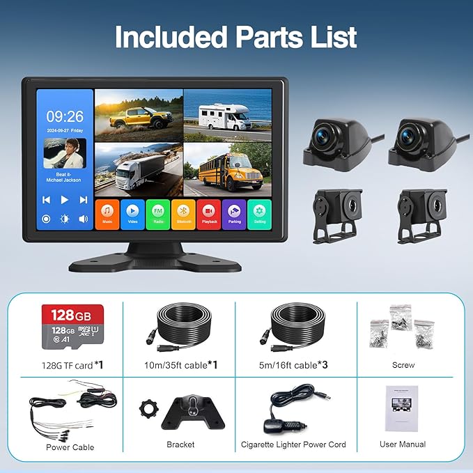 4 Channel Backup Camera System,Touchable 10.1 inch Monitor with DVR Loop Recording, IP69 Waterproof, Nightvision 1080P Camera for RV/Truck/Trailer Pickup, Wired (Cigarette Charger &128G)