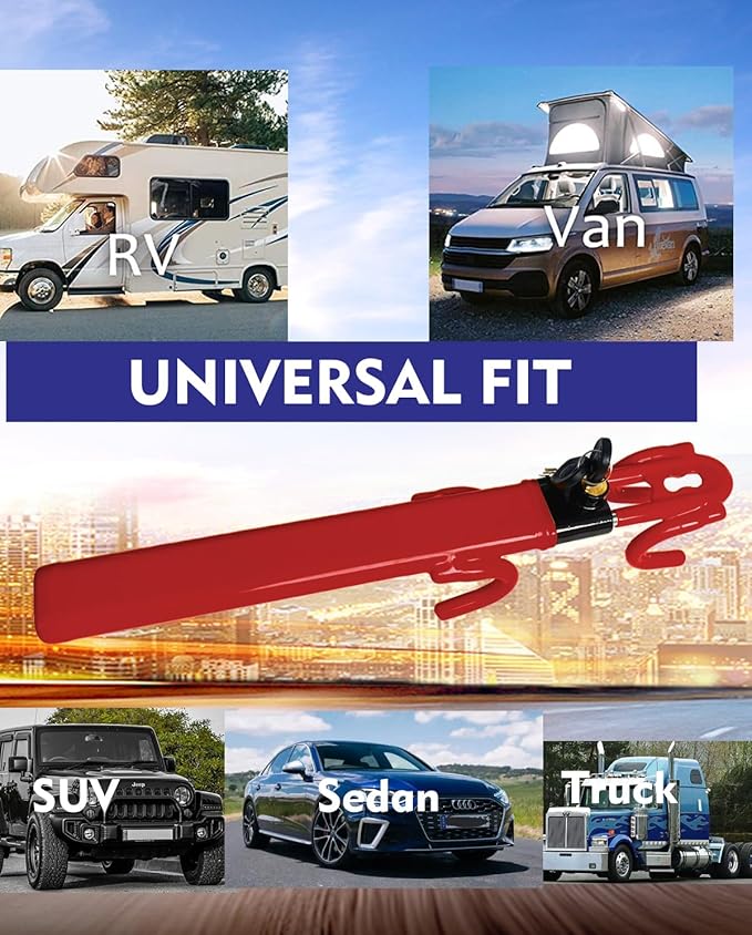 Dodomes Steering Wheel Lock Anti-Theft Heavy Duty Secure Car Device, Adjustable Length Clamp Double Hook Locks Universal Fit (Red)