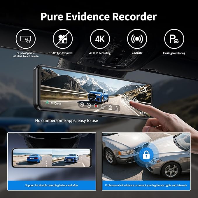 JOMISE G814 11" 4K+2.5K Rear View Mirror Camera — No WiFi/Bluetooth, Mirror Dash Cam Front and Rear, Pure Evidence Recorder, Dash Cam for Cars, 3X Zoom, 64GB Card Included