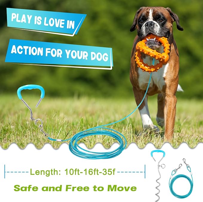 Supet Dog Tie Out Cable and Stake, Heavy Duty Runner with 32/16/10 FT Lead, Long Leash/Tether for Camping Backyard Outdoor Ground, Chain for Medium Large Dogs up to 125lbs (10FT)