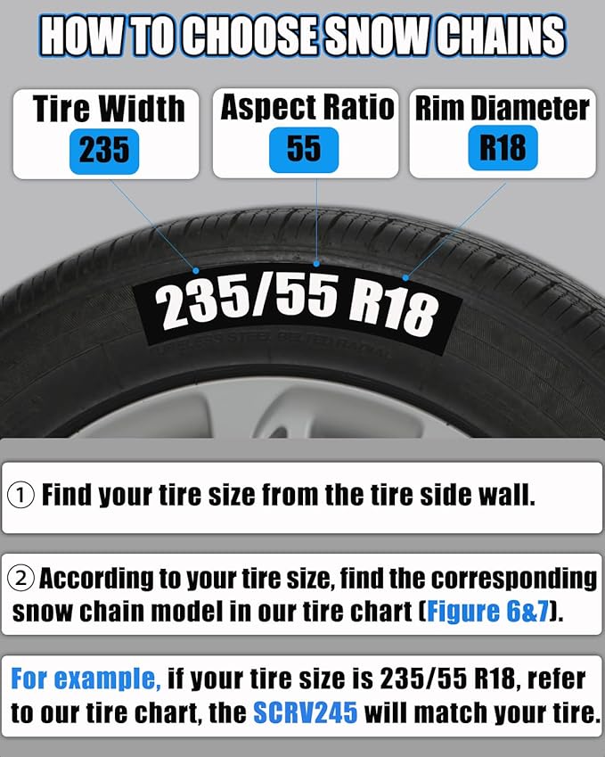 Snow-Chains Easy Install Tire-Chains, One-Pull Fit Heavy-Duty Tire Snow Chains for Pickup Trucks & SUVs Off-road, Emergency Tire Traction Car Tires 235 245 255 265 275 - Set of 2 (SCRV255)
