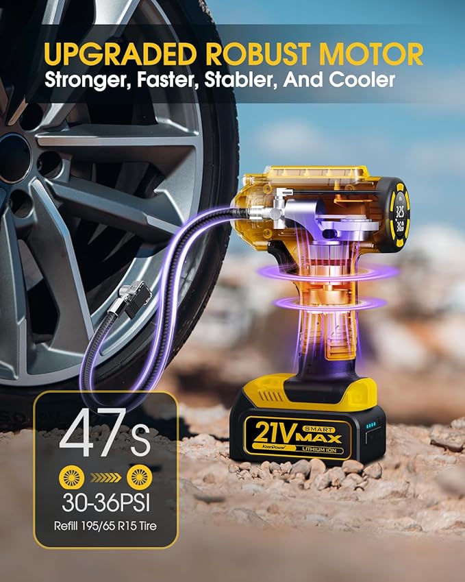 KeenPower Cordless Tire Inflator Portable Air Compressor, 160PSI Car Tire Air Pump, 21V Rechargeable Battery Powered Air Compressor, Dual Power, Larger HD Digital Gauge w/4+N Smart Modes (Yellow)