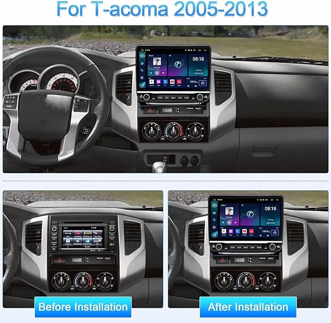 10'' Car Radio Stereo for Toyota Tacoma 2005-2015 with Wireless with Carplay Android Auto, Touch Screen Head Unit with Keys and Knobs, GPS Navigation, WiFi, EQ, BT, FM, SWC, Mic, Backup Cam 2+32GB