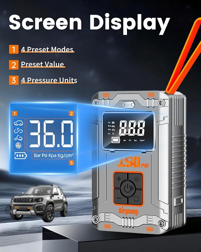 Tire Inflator Portable Air Compressor Cordless,150PSI 3X Faster Inflation Tire Pump With Digital Display & 4 Nozzles, Car Tires Air Pump with Pressure Gauge for Auto, Motorcycles, Bikes, Balls