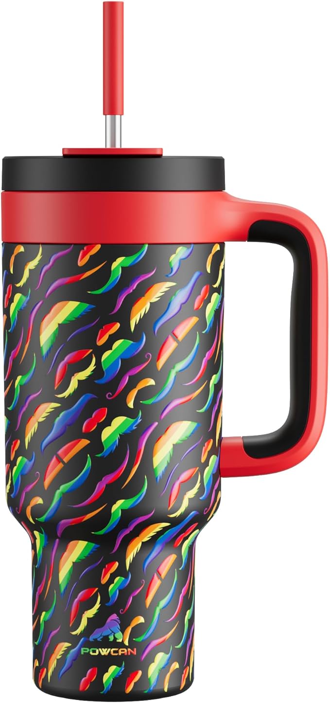 POWCAN 40 oz Tumbler with Handle, 2-in-1 Straw and Sip Lid, Leakproof, Dishwasher Safe, Insulated Stainless Steel Travel Coffee Mug, Keeps Cold for 34 Hours, Fits in Car Cup Holder (Rainbow Whiskers)