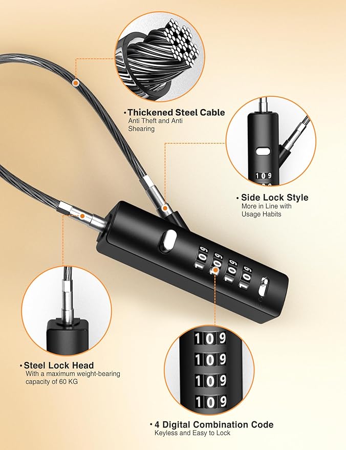 4-Digit Combination Cable Lock with 3 Steel Cables (9"/24"/47") - Secure Reset Only with Current Code - for Bike, Luggage, Gate, Shed, Cabinet - Black, 1 Pack