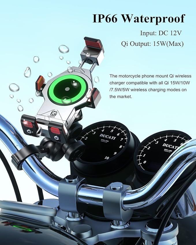 BRCOVAN Motorcycle Phone Mount with Qi 15W Wireless Charger & Vibration Dampener, Aluminum Alloy Anti-Theft Waterproof Motorcycle Handlebar Cellphone Holder, Adjustable Fit 4.7''-7.2'' Smartphones