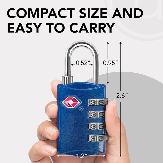 TSA Locks for Luggage, 2-Pc Durable Steel Padlock, Keyless Easy to Read 4-Digit Combination Lock for Backpacks, Travel Suitcases, Toolbox, Filing Cabinets, Baggage & Gym Locker, Blue