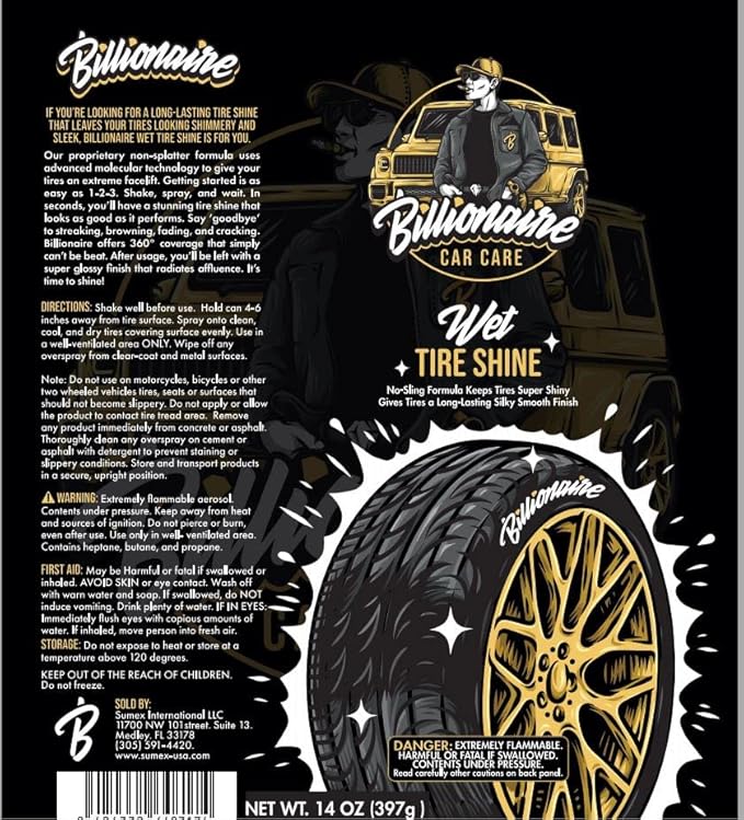 Billionaire wet tire shine spray - 1 Can 14 oz No sling formula Long-lasting silky smooth finish - Spraying maximum Protection Fast Dry - Car Detailing
