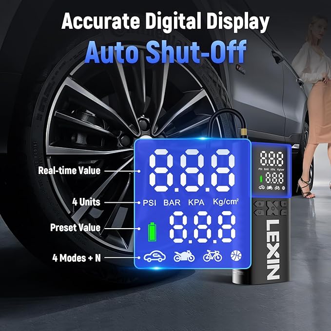 LEXIN P4 Tire Inflator Portable Air Compressor, 150PSI Electric Air Pump for Car Tires, w/Pressure Gauge&LED Light, 4000mAh Cordless Smart Pump for Car/Motorcycle/Bike/Bicycle/Scooter/Ball/Inflatable