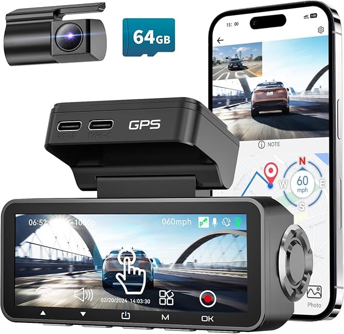 Dash Cam Front Rear, IMX415 Sensor 4K 30fps/2K 60fps+1080p, Touch Screen Dash Camera for Car, Voice Control, Built-in GPS WiFi, HDR Night Vision, 64GB Card, 160° Wide Angle, 24H Parking Monitoring