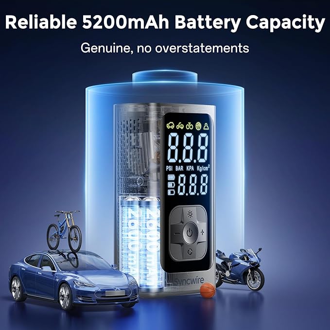 Syncwire Tire Inflator Portable Air Compressor - 150PSI 2X Faster Inflation Smart Air Pump for Car Tires [Extra-Large LCD] with Digital Pressure Gauge, Auto Shut-Off for Car, Motorcycle, Bike & Balls