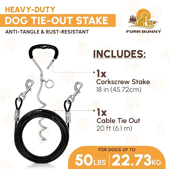 Dog Tie Out Cable and Stake for Medium Dogs Upto 50 LBs – Anti-Tangle, Rust-Resistant, 360° Swivel Leash System – 18 Inches Spiral Stake and 4mm 20 FT Long Dog Runner for Yard