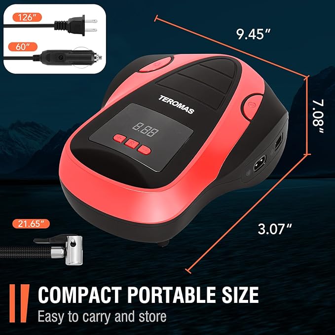 TEROMAS Tire Inflator Portable Air Compressor, Air Pump DC/AC for Car Tires 12V DC and Other Inflatables at Home 110V AC, Digital Electric Tire Pump with Pressure Gauge(Red)