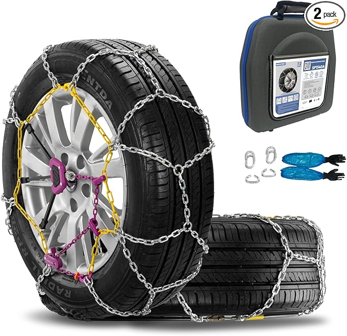 Snow Chains for Car,SUV,Truck and Pickup,Universal Emergency Tire chains,Compatible with Tire Width 195 205 215 225 235 245 MM - Set of 2