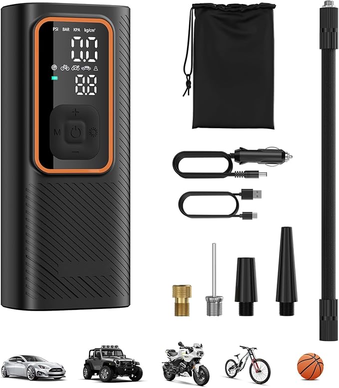Cordless Tire Inflator Portable Air Compressor, 150 PSI Air Pump with Rechargeable Battery, Tire Pressure Gauge, 12V Car Power Adapter, Smart Air Pump for Car, Motorcycle, Bike, Ball